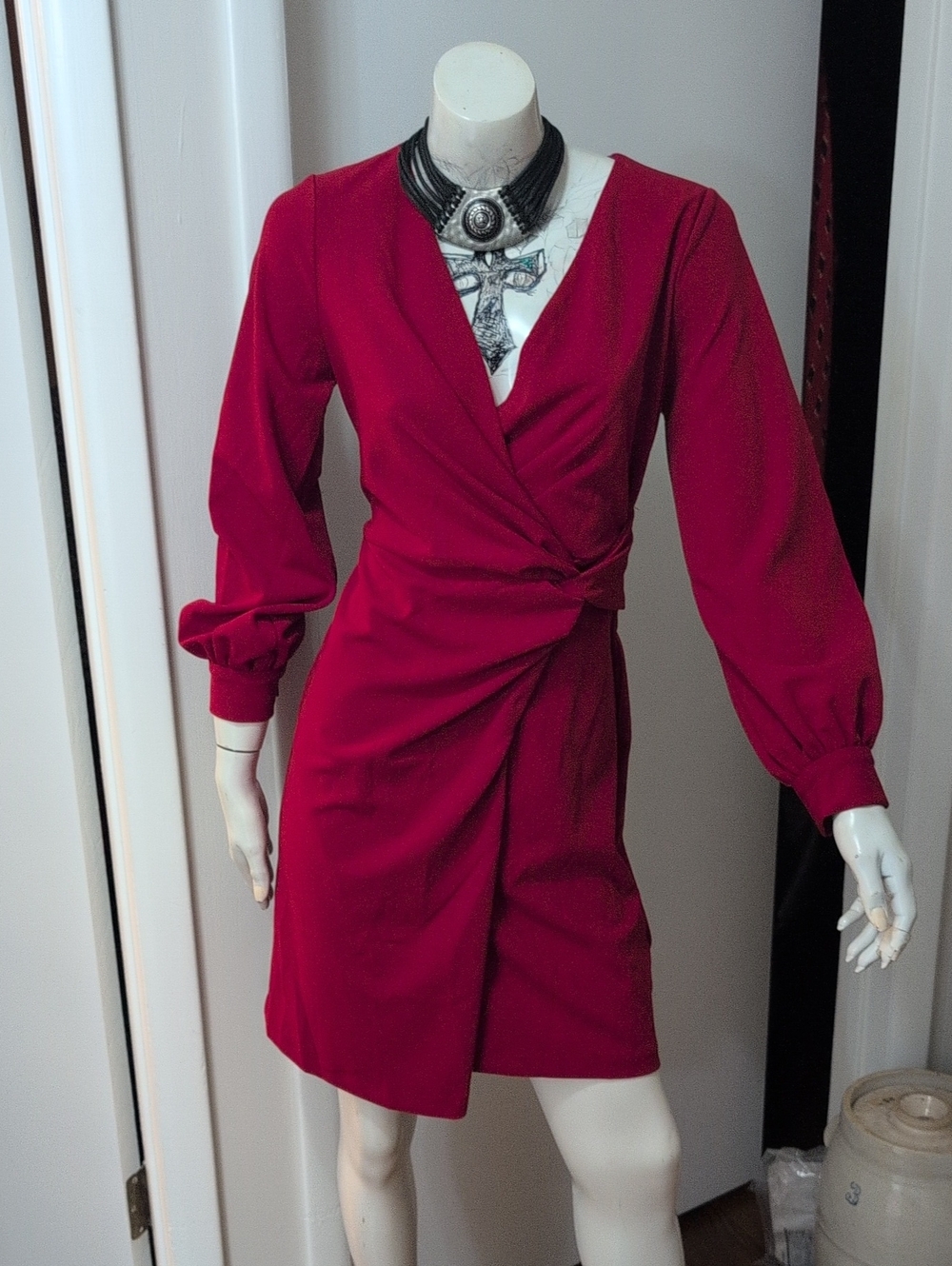 DKNY Crimson Wrap-Front Long Sleeve Dress
